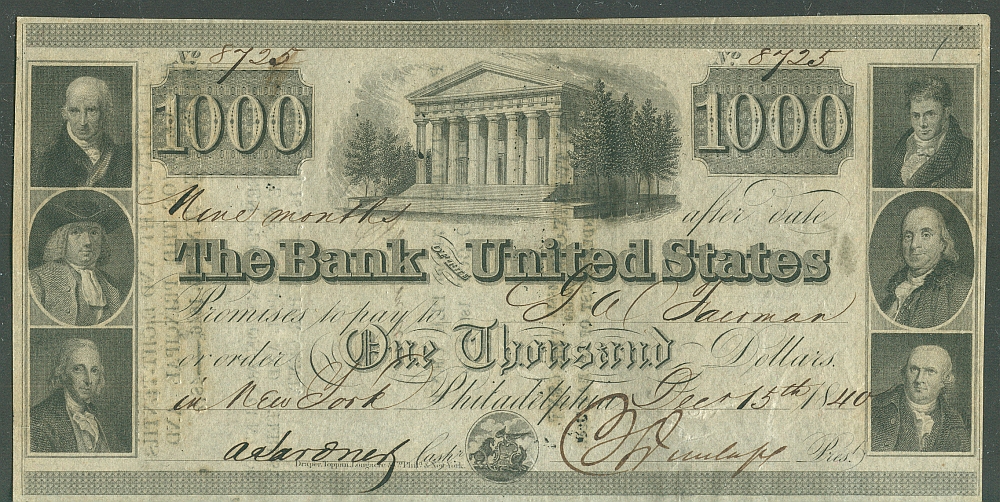 Third Bank of the United States Dec. 15th 1840 $1000 Serial No.8725